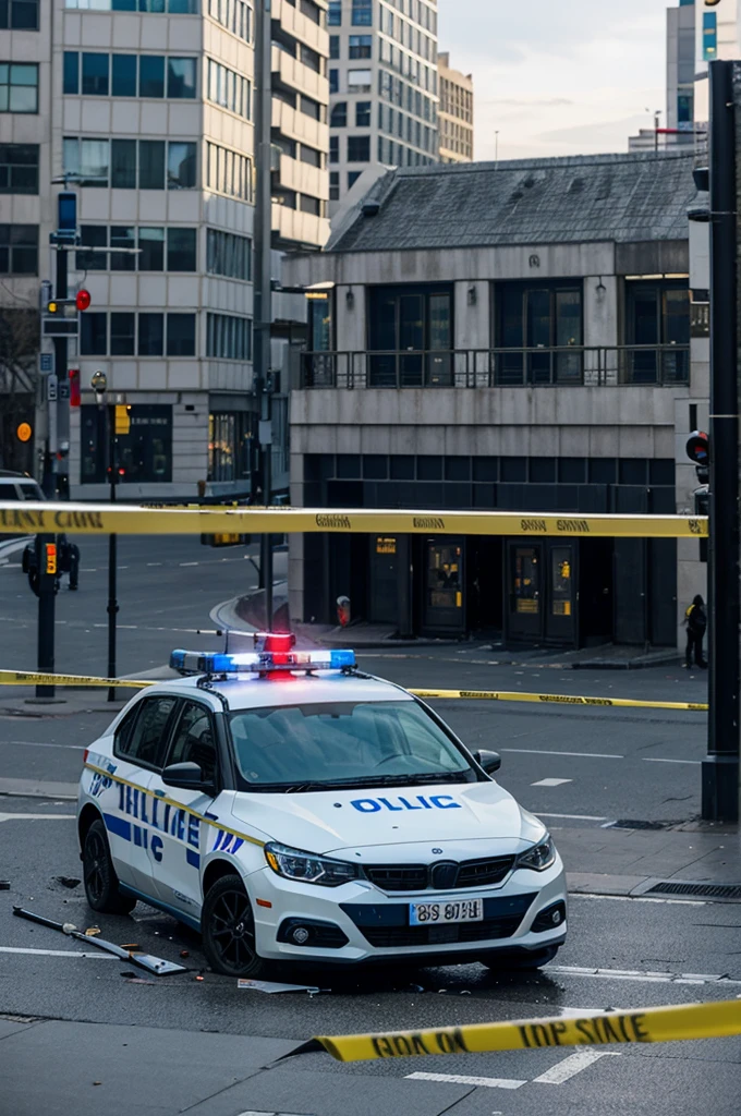 crime scene, urban environment, city square, police car, guns