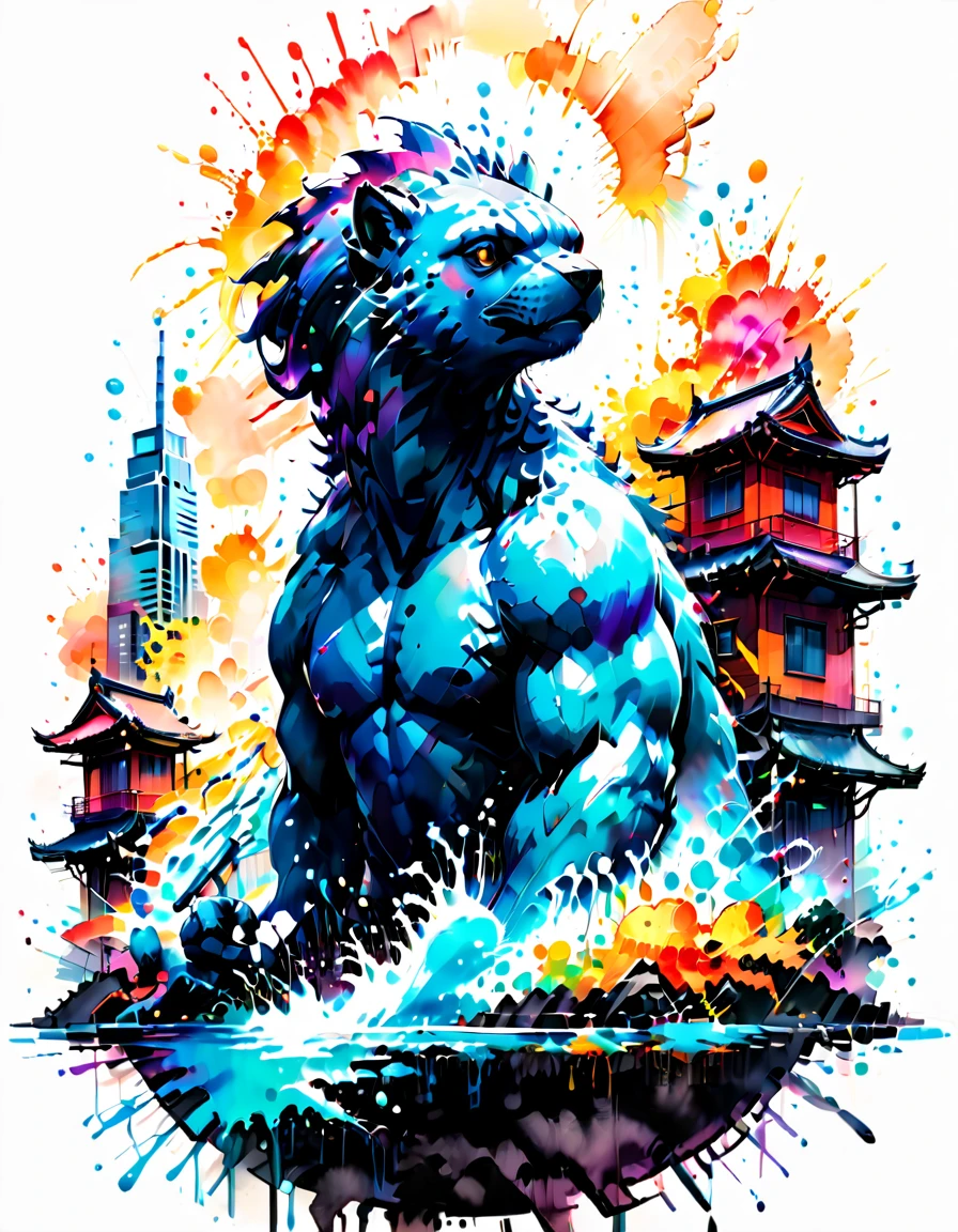 vintage anime ,(((Splash circle shaped Art))), (((white background))),, intricately detailed t-shirt design ready for print , 2d, illustration of Tokyo city crumbling buildings at sunset in the background. ONE huge Black muscular Godzilla in the foreground , Japanese ocean waves, intricate rich extremely complex ornaments illustration, high detail, clean lines style, intricate high details,(((white background)))