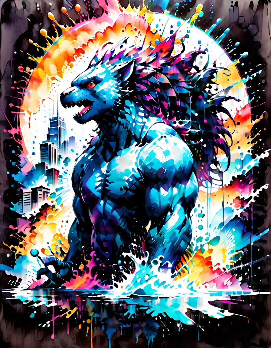 vintage anime ,(((Splash circle shaped Art))), (((white background))),, intricately detailed t-shirt design ready for print , 2d, illustration of Tokyo city crumbling buildings at sunset in the background. ONE huge Black muscular Godzilla in the foreground , Japanese ocean waves, intricate rich extremely complex ornaments illustration, high detail, clean lines style, intricate high details,(((white background)))