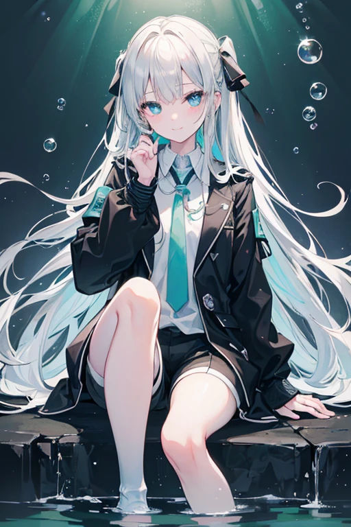 ((highest quality)), ((masterpiece)), ((Super detailed)), (And yet delicate and beautiful), girl, one person, Cold attitude,((Black jacket)),She and(relax)and(Calm)exterior,silver hair, Long Hair, Written boundary depth,Wicked Smile,bubble, In the water, Air bubbles,Bright light blue eyes,The inside color is light green、The hair tips are silver,Cold Background, Line art, Shorts、Knee-high socks、Like a white uniform 、Light green ribbon tie、Her bangs fall into my eyes, Create an atmosphere、Eyes that shine like rubies、Fluorescent lightblue