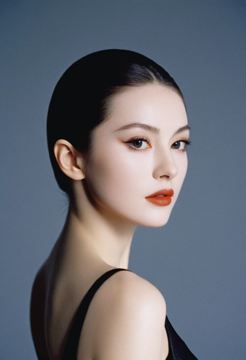 Photograph by Serge Lutens (1.8), pale skin, ((evil slavic woman)), long dark blond hair, in profile, wide angle dim atmosphere, dark atmosphere, stunning, modern, dark, clean, artsy indoor surrounding, casting a dreamlike atmosphere eyes reflect some light, Shiseido-style Vogue-Style 1990s style and setting Various gentle half body poses and angles Consistent facial and body features Photorealistic and highly detailed Artistic and evocative High-quality finish Ensuring vibrant, detailed features Technical details: wide angle lens Selective focus with Kodak film effect: 1.2 Shallow depths of field