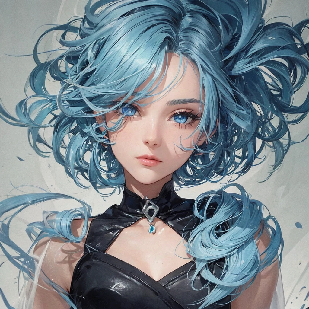 Crie uma personagem feminina de cabelo azul longo e liso de olhos vermelhos 