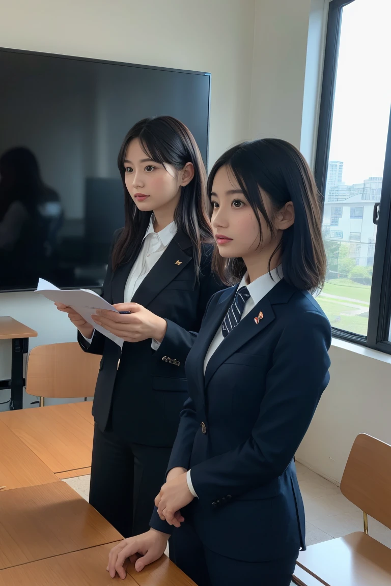 masterpiece、Highest quality、1People Women、Black business suit、Are standing、Medium Hair、Inside the meeting room、With documents in hand