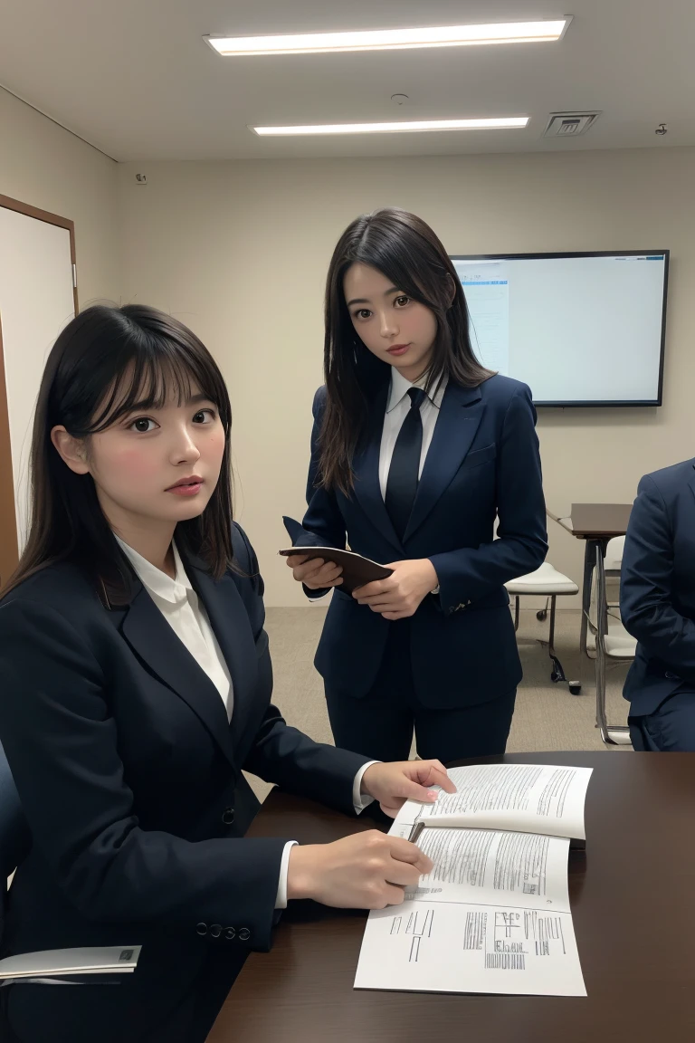 masterpiece、Highest quality、1People Women、Black business suit、Are standing、Medium Hair、Inside the meeting room、With documents in hand
