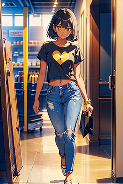 masterpiece, best quality, dark skin, short hair, yellow eyes, black hair, beautiful girl, thin, full body, casual male t-shirt, jeans pants, plan boobs, short , small , short chest, big butt, wide thigh, shopping background