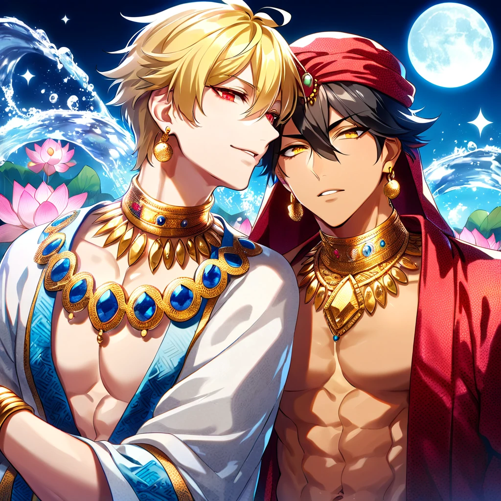 (absurdres, highres, ultra detailed, HDR) master piece, best quality, perfect face, delicated features, Gilgamesh, blonde messy hair, expressive red eyes, fate/grand order, Ozymandias, black hair, expressive yellow eyes, two sexy men together, gay couple, yaoi, handsome, toned chest, red haori, white kimono with accessories, patterns, golden earrings, arabian, pink lotus, water, magical blue moon
