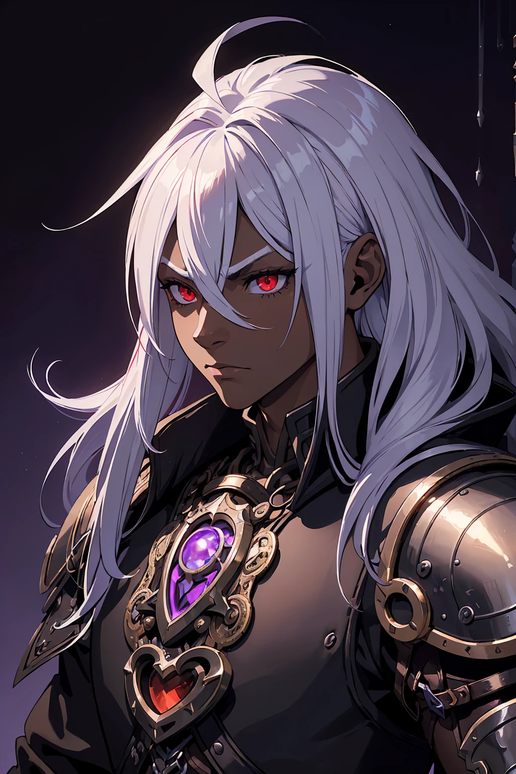 ((best quality)), ((masterpiece)), (detailed), ((boy)), (mix between steampunk and dungeonpunk), drow, upper body, portrait, red eyes, long white hair, Xemnas from Kingdom Hearts, half-drow, dark skinned, (full knight armor), paladin, serious face, dramatic lighting, dungeons and dragons character, purple theme