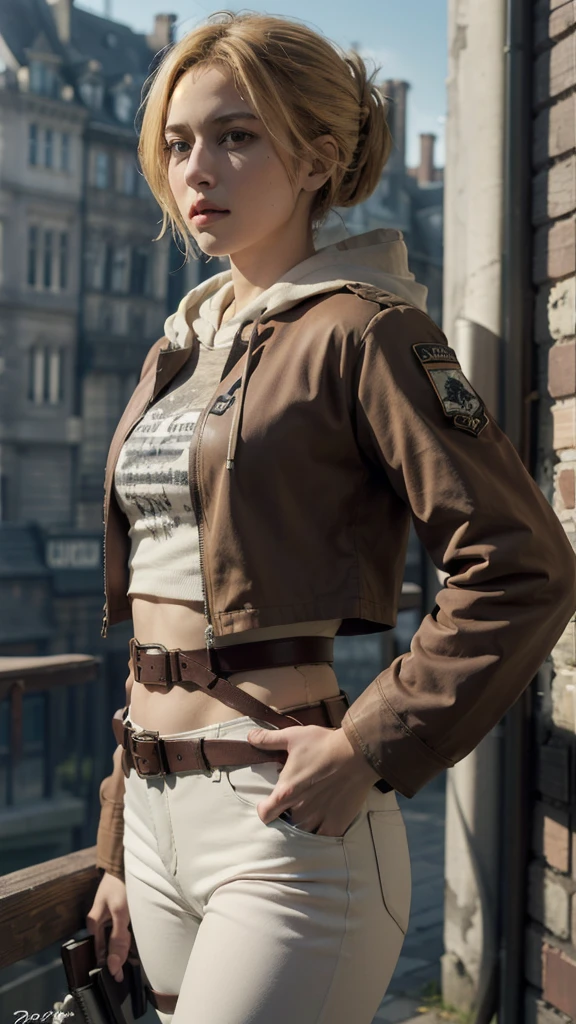 (bestquality,masterpiece), AnnieAOT, solo, hood, hoodie, paradis_military_uniform, jacket, uniform, tight clothes, emblem, feathers, upper body, thigh, hands on hip, emblem, belt, thigh strap, pants, white pants, standing, idle, looking at viewer