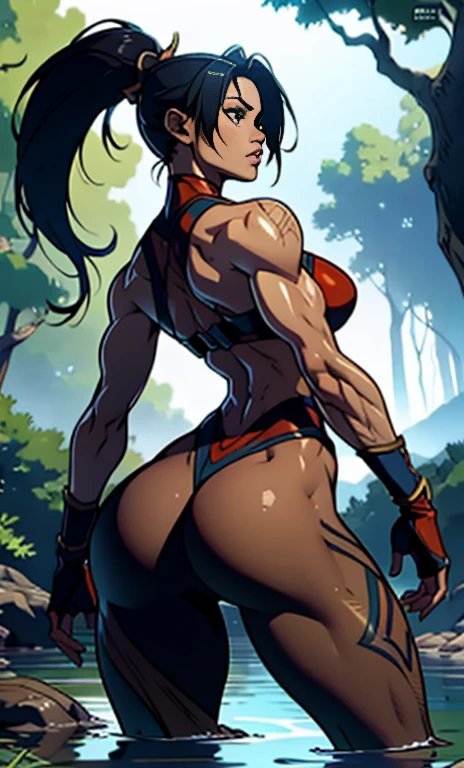 1 girl, taki soulcalibur, toned body, emphasized ass, slender, perfect body proportion, corrected anatomy, slender , toned hips, erect, streak, emerge, (taki detailed costume)), ass protruding, the woods,river, water flow background, ((masterpiece)), raw photo, surealisme, ultrarealistic, ultra hd