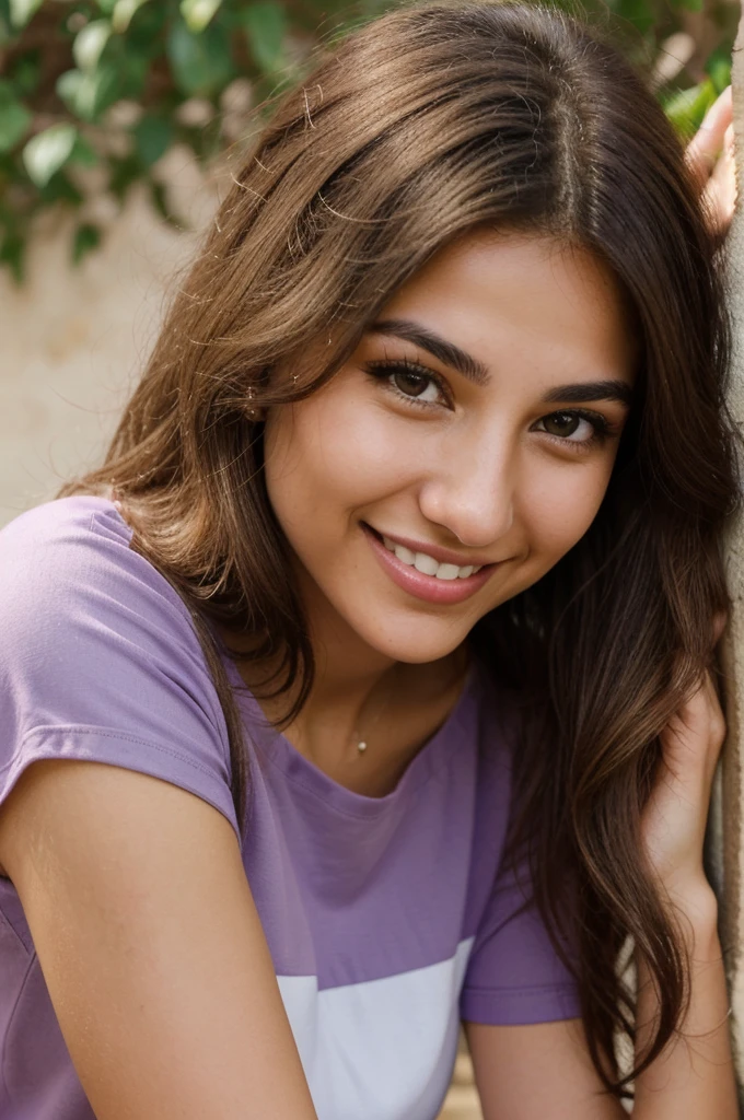 24YO,one attractive Jordanian women, purple shirt, cute smile, cute face, white teethes, skinny face, light brown eyes, small nose, black/blonde long hair