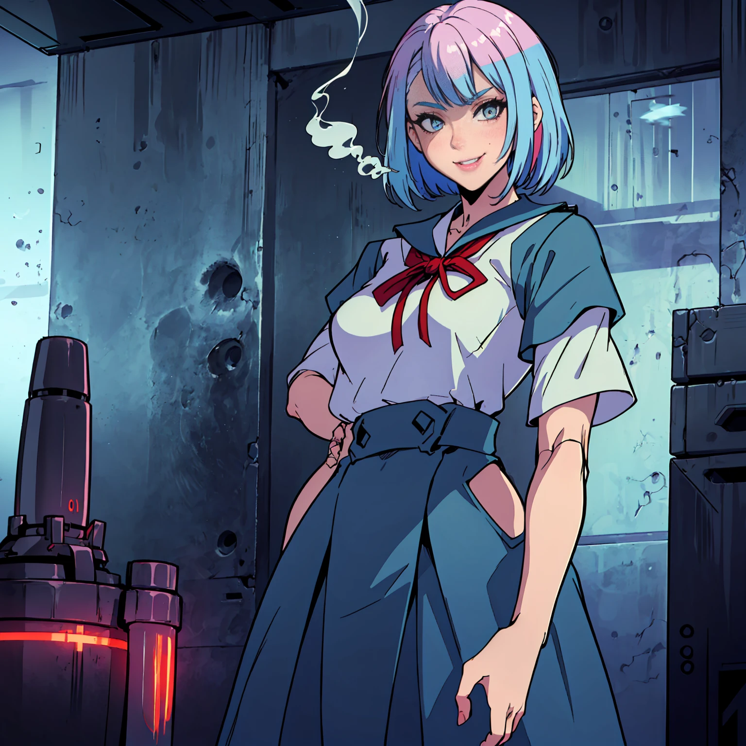 lucy \(cyberpunk\), ((multicolored hair, asymmetrical hair, glowing blue eyes, makeup, narrow waist, skinny, medium breasts)), pelvic curtain, ((eva school uniform)), full body, perfect body, (insanely detailed, beautiful detailed face, masterpiece, best quality) , (((solo))), (((1robot))), (((mature))), (extremely detailed 8k paper CG wall unit: 1.1), (cyberpunk, street, night), (smile face for the viewer), Smoking a cigarette, Smoke coming out of the cigarette