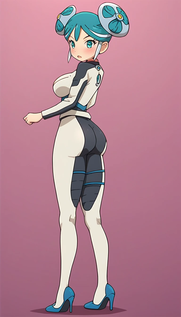 best quality,ultra detailed,solo,1girl,score_9, score_8_up, score_7_up, score_6_up, score_5_up, score_4_up, source_anime, maquia, two-tone hair, aqua hair, aqua eyes,white bodysuit,big breasts, standing sexy pose, (behind view,portrait),full body, heavenly ass, heavenly breasts, big ass, no shoes, wearing white heels, upset, cute, face, long legs, tight bodysuit, tight sleeves, long sleeves, backside, standing on cave