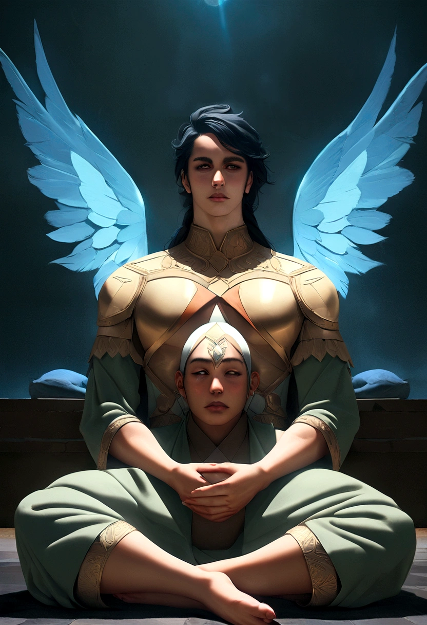 homem maduro, sitting in a meditation position, diante de um orisonte lindo, com o sol se pondo, in connection with the divine, foto de retrato, Directed by: Drew Tucker, Directed by: Adam Marczyński, Directed by: Alexander Kucharsky, Directed by: Gavin Nolan, Surrealismo 8K, Directed by: Jason Felix, Yuri Shwedoff e Tom Bagshaw, arte ilustrativa, Estilo Erik Johansson