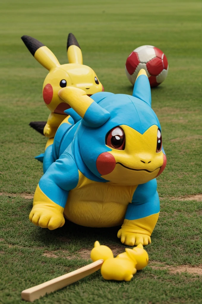 Pikachu, bulbasour, charmander, squirtle are playing cricket