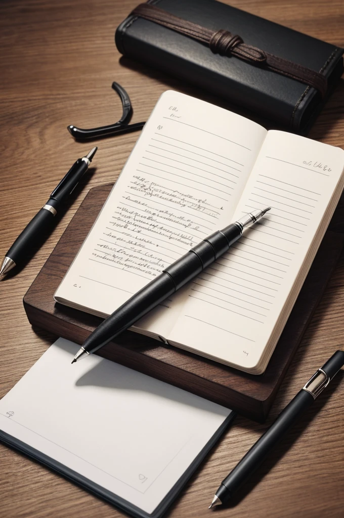 A solid black diary on dark brown wooden desk with two pens messy, slightly blured, really natural, local, hd, poor quality.