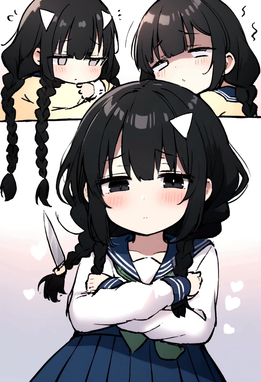 Long black hair, two braids, sailor suit, jittery eyes, loli, short, cute, , half eyes, jittery eyes, white triangle on head, black eyes, holding a knife, expressionless,Half eyes, hugs,1Girl