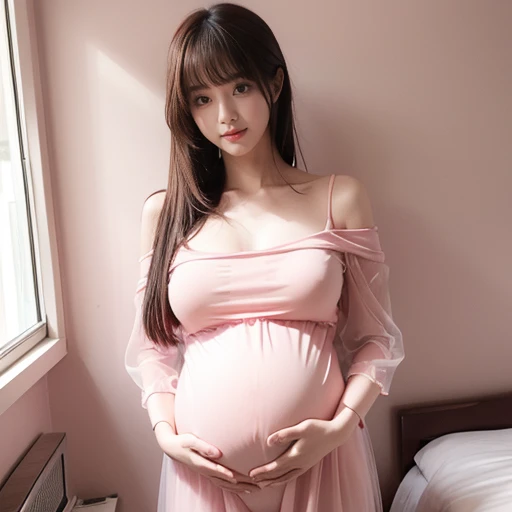 A woman，Mother，30 seconds，人妻 A pregnant woman，pregnant，pregnant，pregnant with twins，10  pregnant，Pretty Face，Sexy body，Long hair，Wearing a pink transparent off-shoulder dress，Sexy pajamas