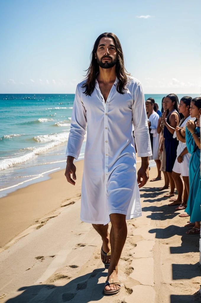 Jesus walking with lots of people near the ocean and every one praise him love him 