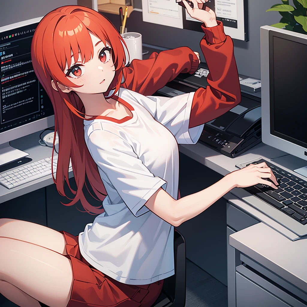 The girl works at the computer, in a white T-shirt and red shorts, Long hair, anime-style