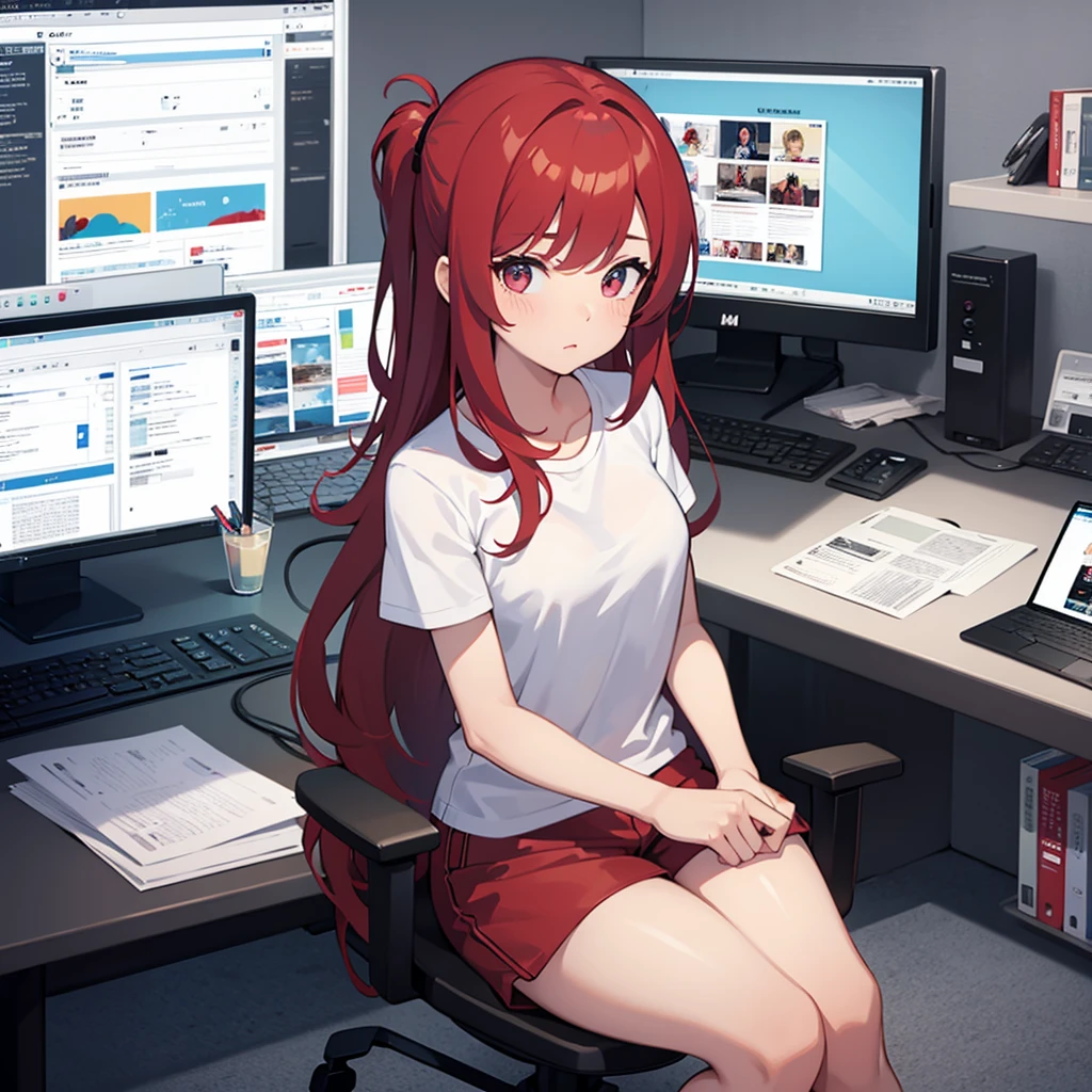 The girl works at the computer, in a white T-shirt and red shorts, Long hair, anime-style