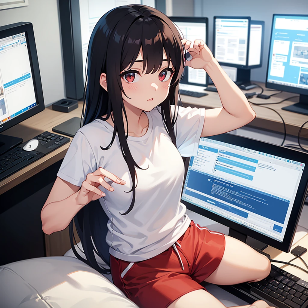 The girl works at the computer, in a white T-shirt and red shorts, Long hair, anime-style