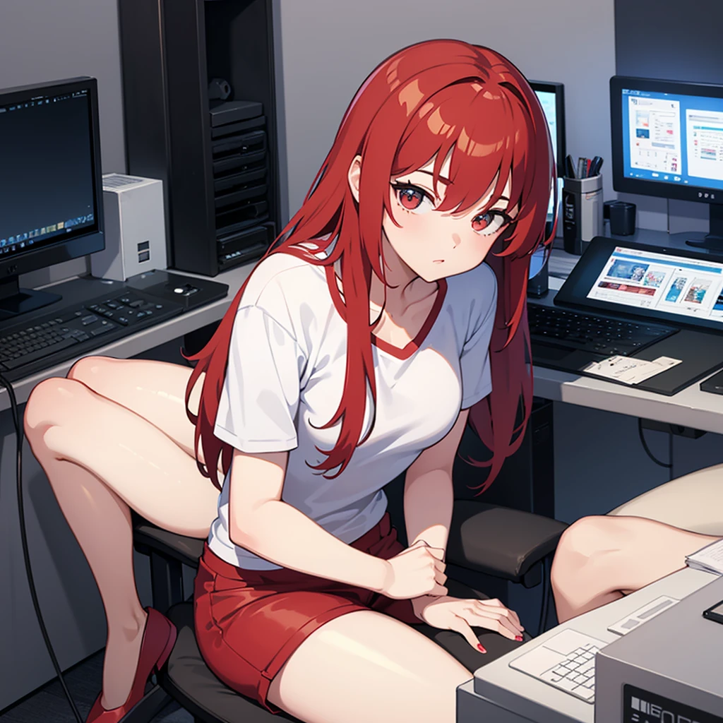 The girl works at the computer, in a white T-shirt and red shorts, Long hair, anime-style