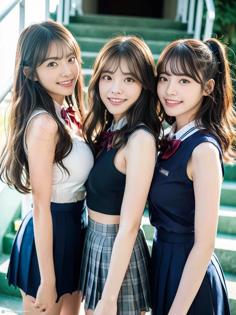 (A trio of super cute Korean gal high school girls take a photo together 1.2)(grin,Smile)(Beautiful Sweat:1.1)(16k, RAW Photos, Highest quality, masterpiece: 1.2),(Mr.々Beautiful blonde with a stylish hairstyle:1.2) Super detailed, Super Resolution, (Genuine, Genuine photos: 1.37), Portraiture, High-resolution RAW color photos, Professional photos, Very detailed, 8k wallpaper, Very detailed CG Unity 8k wallpaper, Very detailed beautiful girls, Very detailed faces, ((whole body)), beautiful woman, Huge breasts,(huge boobs:1.1) (Big Boobs:1.1), Beauty college student (A tight, girly, navy sleeveless  with ribbon.),high school girl, Korean Girls,(K-POP Female Idols), (Idol-class beauty)(Beautiful high school girl:1.1)(Emergency stairs in school building)(18-year-old)(Stylish school uniform-style outfit:1.1)(Group photo:1.3)(from side)