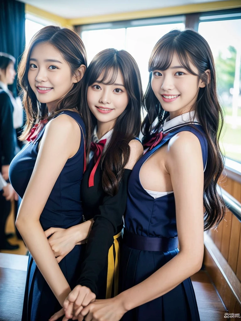 (A trio of super cute Korean gal high school girls take a photo together 1.2)(grin,Smile)(Beautiful Sweat:1.1)(16k, RAW Photos, Highest quality, masterpiece: 1.2),(Mr.々Beautiful blonde with a stylish hairstyle:1.2) Super detailed, Super Resolution, (Genuine, Genuine photos: 1.37), Portraiture, High-resolution RAW color photos, Professional photos, Very detailed, 8k wallpaper, Very detailed CG Unity 8k wallpaper, Very detailed beautiful girls, Very detailed faces, ((whole body)), beautiful woman, Huge breasts,(huge boobs:1.1) (Big Boobs:1.1), Beauty college student (A tight, girly, navy sleeveless with ribbon.),high school girl, Korean Girls,(K-POP Female Idols), (Idol-class beauty)(Beautiful high school girl:1.1)(Emergency stairs in school building)(18-year-old)(Stylish school uniform-style outfit:1.1)(Group photo:1.3)(from side)