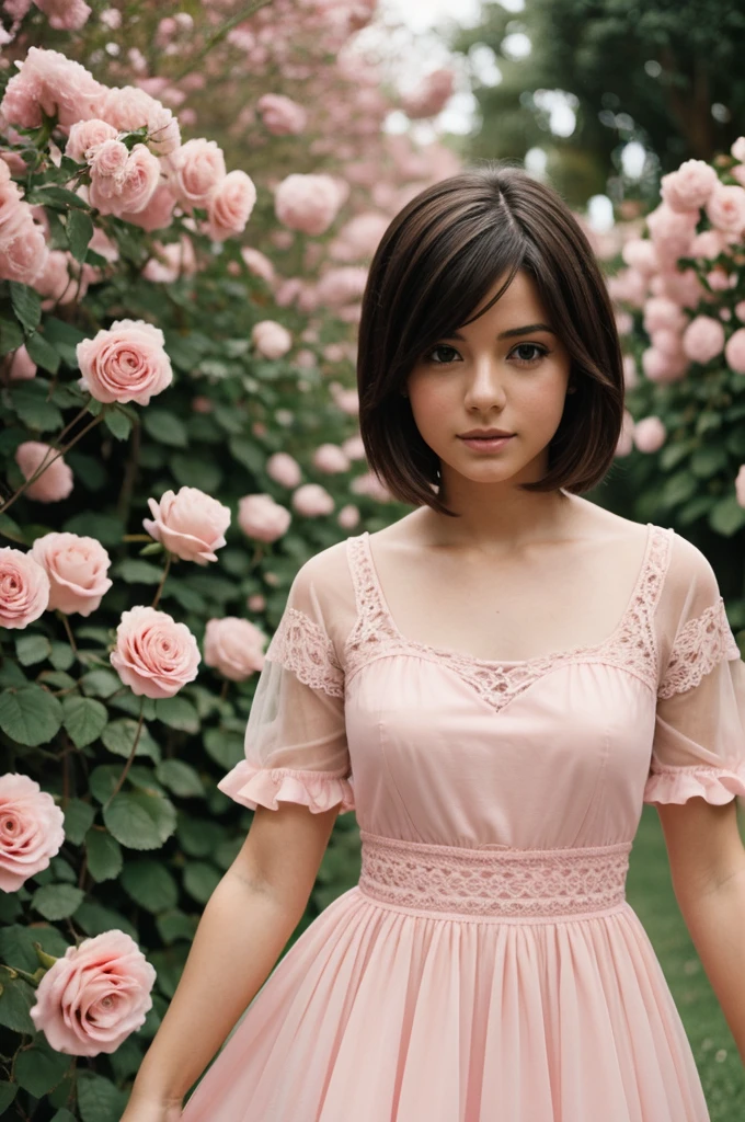 8k, foto en bruto, fujifilm, Style photography of a beautiful young girl like Avril in a light pink rose garden. (piel muy detallada: 1.2) Style-Petal BREAK short hair, cabello rubio con mechones de colores, usando un vestido, film grain, 35mm, lindo estilo