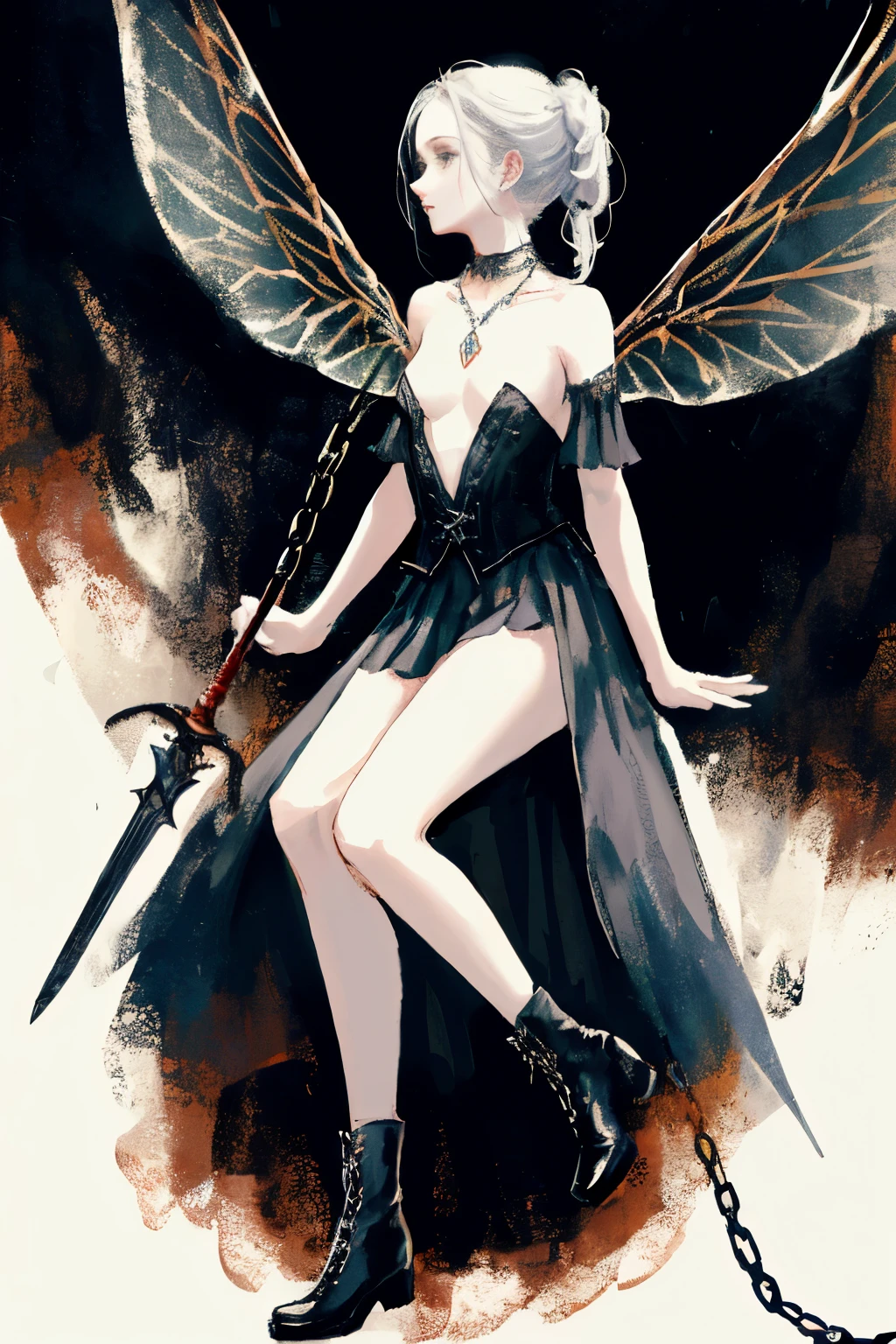 ((best quality)), ((masterpiece)), (detailed), 1girl, Character design, female, dynamic poses, long white grey hair, grey white eyes, very skinny, detailed, best quality, no accesoires around the neck, no shoes, prominent collarbones, skinny arms, flat stomach, visible hip bones, full body, blank white background, plain background, white background, red and white clothing, Bloodborne inspired, occult aesthetic, occult, detailed and intricate steampunk and detailed gothic, NSFW, Very dramatic and cinematic lighting, cosmic horror, grim-dark, side-lighting, perfect face, NSFW, Fluttering lace flared long knee length dress with frilly petticoats, knee length dress, pleated petticoats, petticoats gothic, complex lace boots, side-lighting, gothic aesthetic, wielding a mighty sword with mechanical components, mandalas, small breasts, a fairy, various different types of insect wings, NSFW, full body, whole body, body, plain background, white background, blank background, no background, white background NSFW, chains, full body, whole body, head-to-toe NSFW