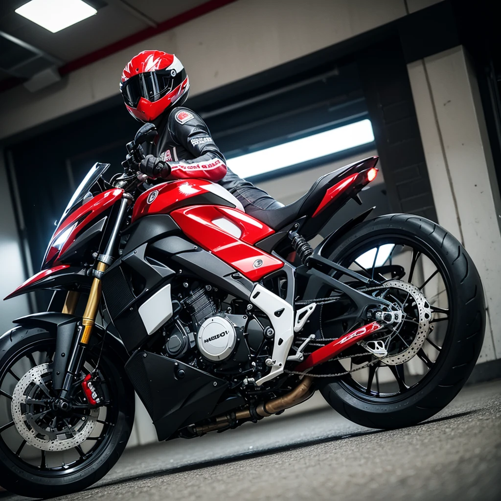 Make me a Vario motorbike logo in black, white rims, red eyebrow lights, and using rearview mirrors, indoors