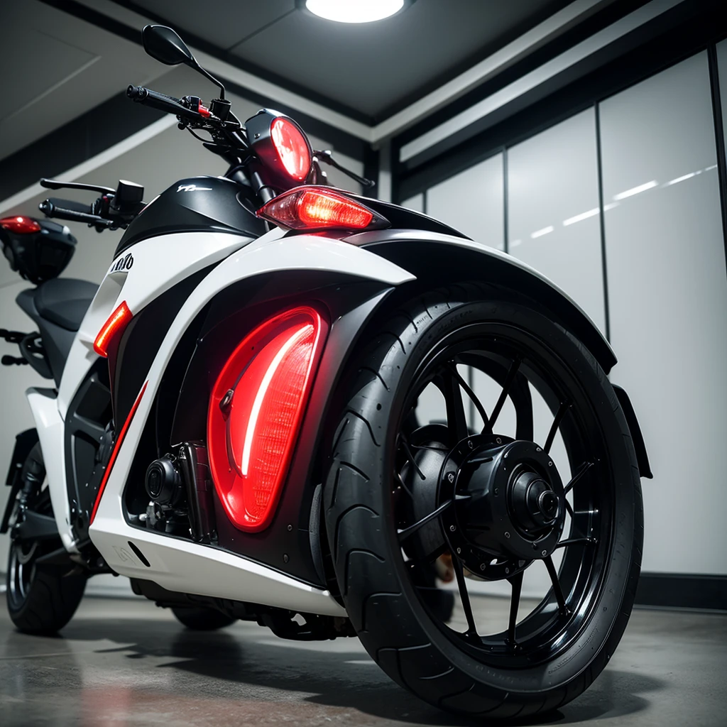 Make me a Vario motorbike logo in black, white rims, red eyebrow lights, and using rearview mirrors, indoors