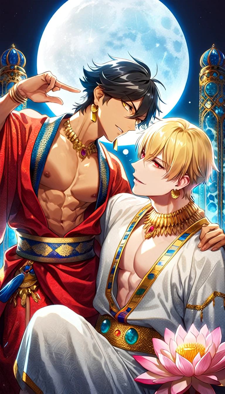 (absurdres, highres, ultra detailed, HDR) master piece, best quality, perfect face, delicated features, Gilgamesh, blonde messy hair, expressive red eyes, fate/grand order, Ozymandias, black hair, expressive yellow eyes, two y men together, gay couple, yaoandsome, toned chest, red haori, white kimono with accessories, patterns, golden earrings, arabian, pink lotus, water, magical blue moon