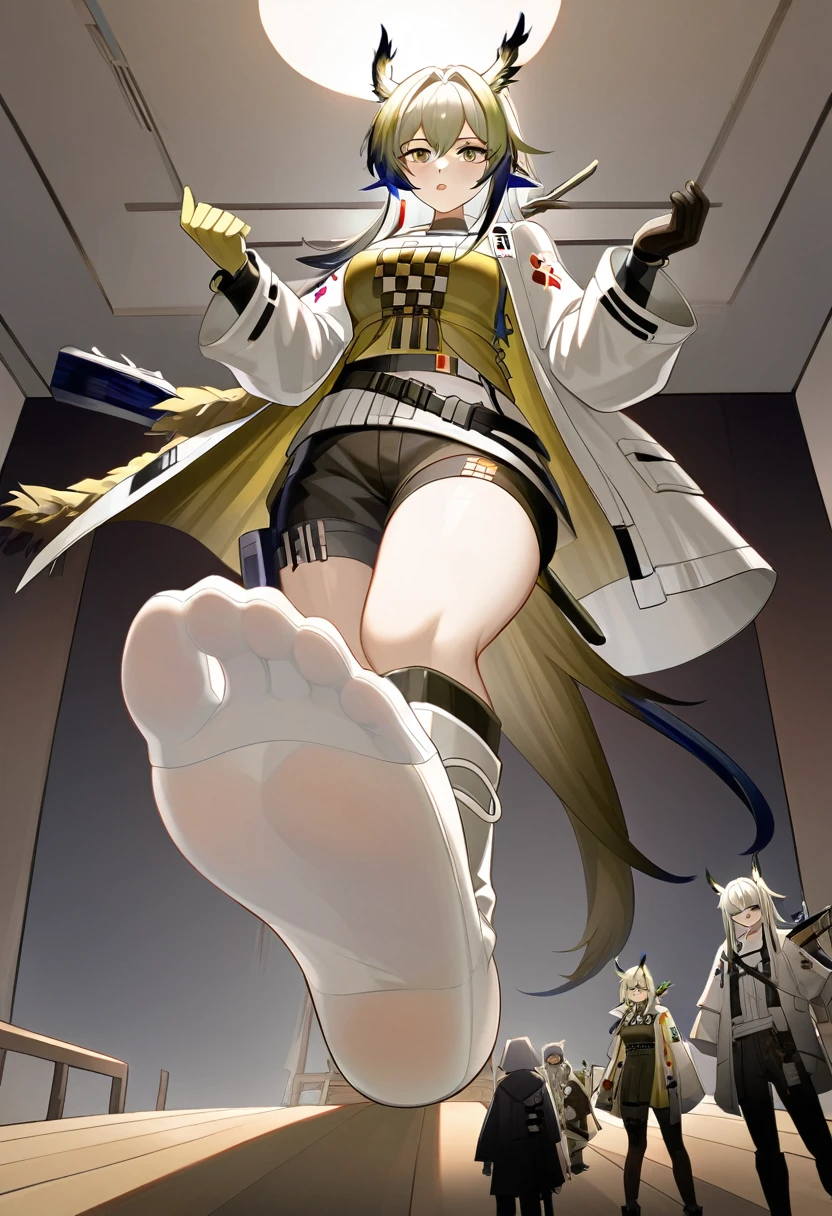 shu_arknights,giantess,boots,from below,Woman about to step,Soles,血の付いたbootsの底,first-person view, pov, 8k,One female,