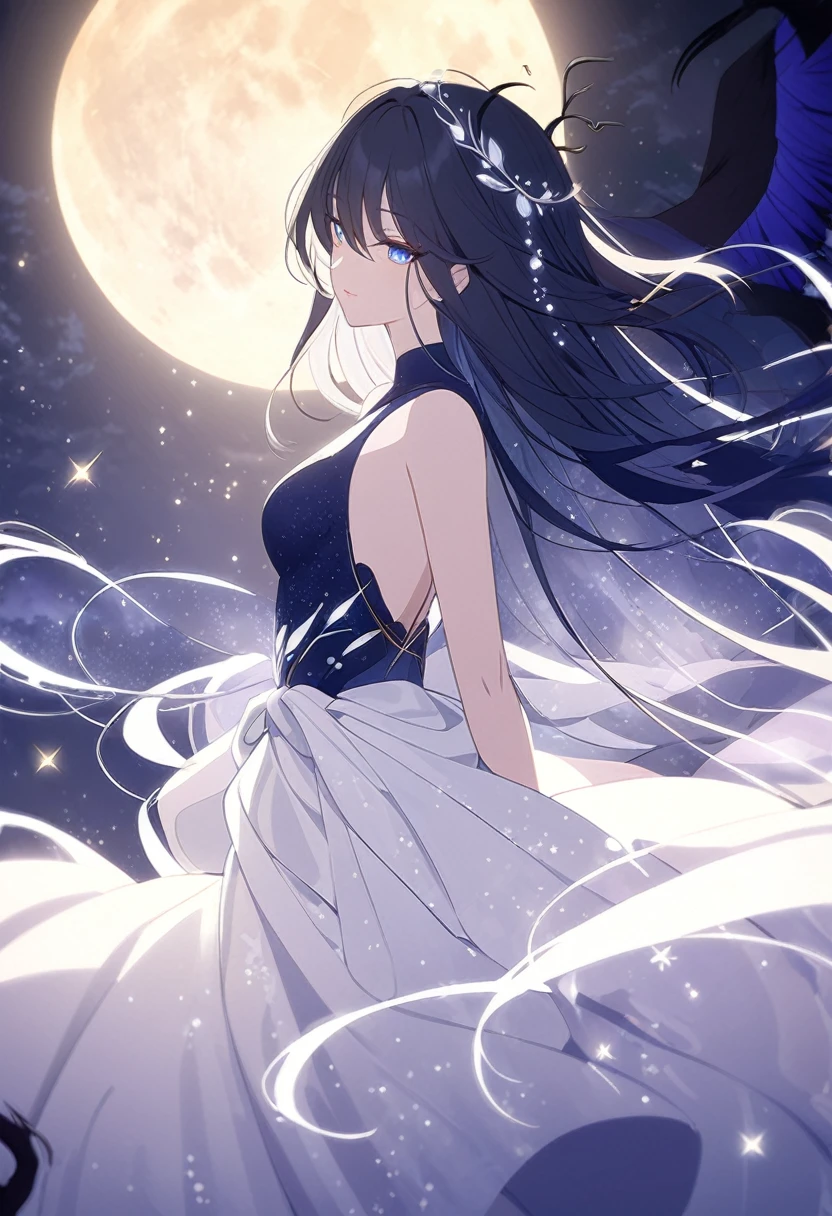 A serene and enchanting scene, illuminated by the ethereal glow of a full moon. In the center of the frame stands a stunningly beautiful girl, her delicate features etched with a mixture of awe and wonder. She is dressed in a flowing gown of midnight blue, the silky fabric seeming to shimmer and shift with an otherworldly radiance. Her long, raven hair cascades down her back like a waterfall, each tendril glinting with a spark of fairy dust. Around her waist, she wears a shimmering belt adorned with glowing stars and tiny, twinkling gems.