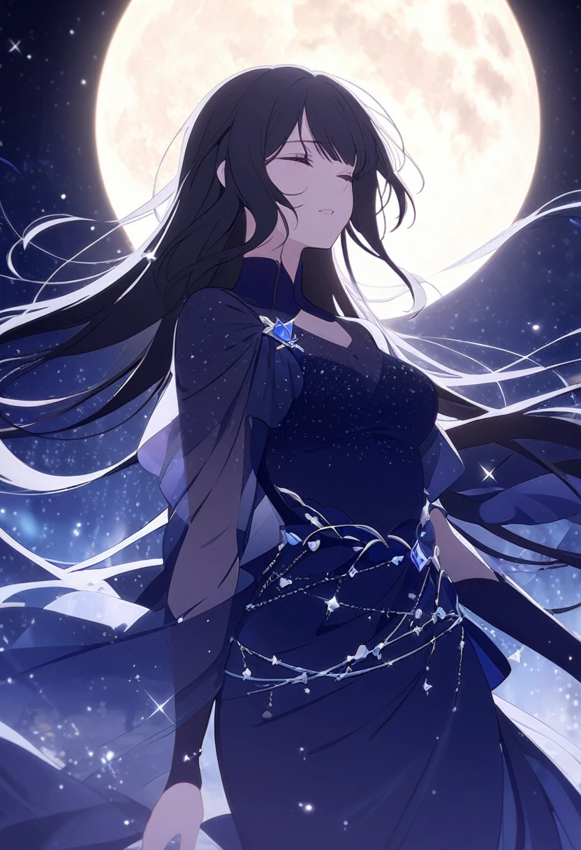 A serene and enchanting scene, illuminated by the ethereal glow of a full moon. In the center of the frame stands a stunningly beautiful girl, her delicate features etched with a mixture of awe and wonder. She is dressed in a flowing gown of midnight blue, the silky fabric seeming to shimmer and shift with an otherworldly radiance. Her long, raven hair cascades down her back like a waterfall, each tendril glinting with a spark of fairy dust. Around her waist, she wears a shimmering belt adorned with glowing stars and tiny, twinkling gems.