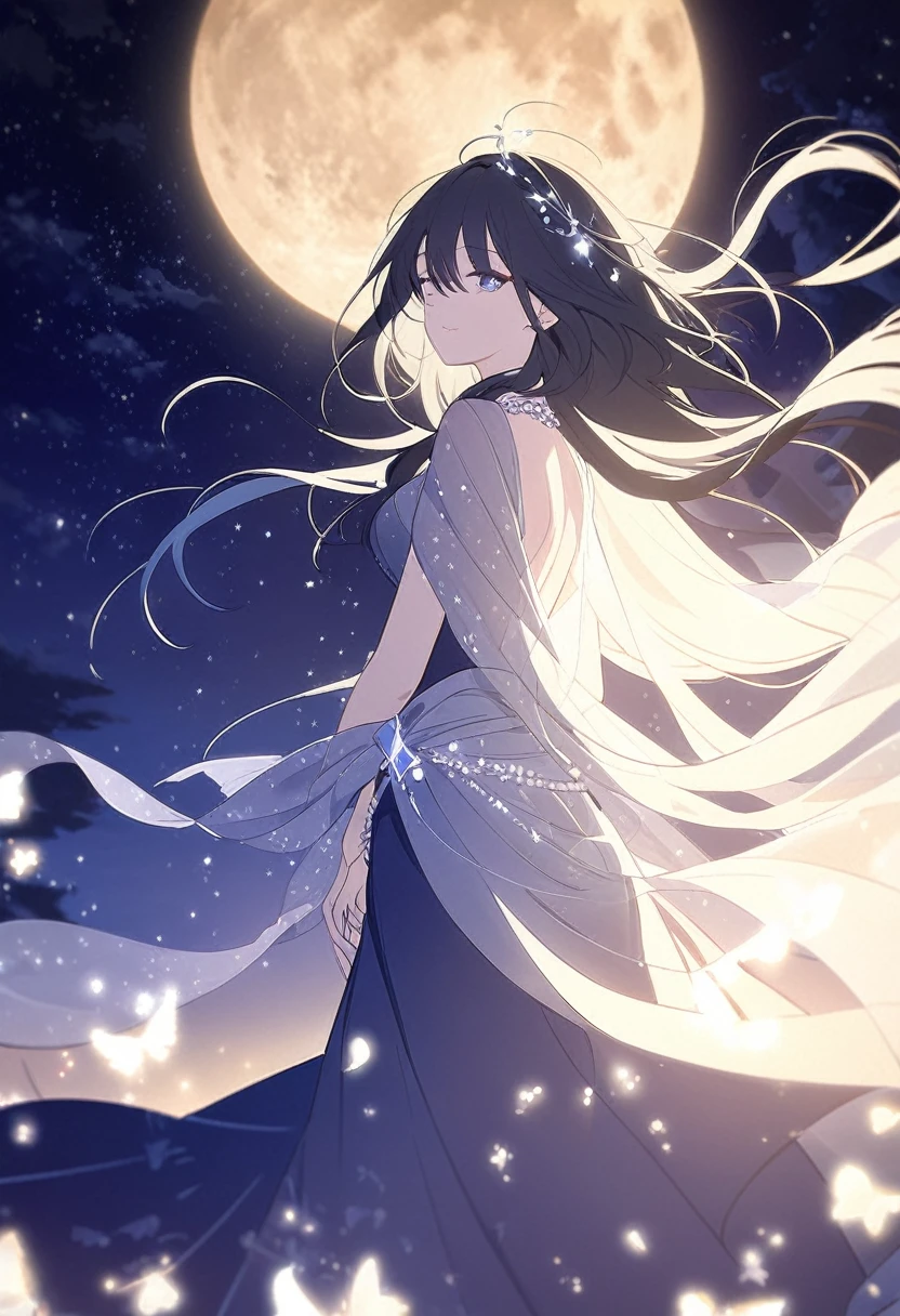 A serene and enchanting scene, illuminated by the ethereal glow of a full moon. In the center of the frame stands a stunningly beautiful girl, her delicate features etched with a mixture of awe and wonder. She is dressed in a flowing gown of midnight blue, the silky fabric seeming to shimmer and shift with an otherworldly radiance. Her long, raven hair cascades down her back like a waterfall, each tendril glinting with a spark of fairy dust. Around her waist, she wears a shimmering belt adorned with glowing stars and tiny, twinkling gems.