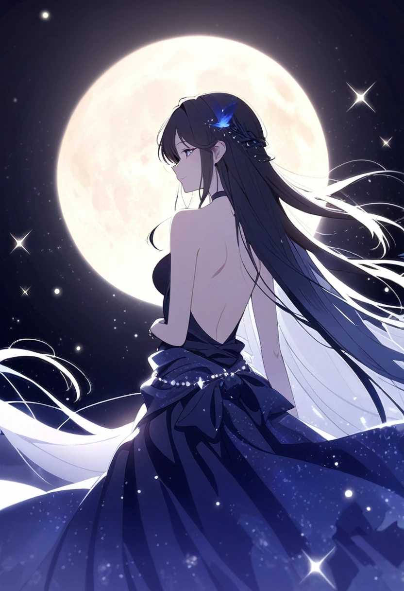 A serene and enchanting scene, illuminated by the ethereal glow of a full moon. In the center of the frame stands a stunningly beautiful girl, her delicate features etched with a mixture of awe and wonder. She is dressed in a flowing gown of midnight blue, the silky fabric seeming to shimmer and shift with an otherworldly radiance. Her long, raven hair cascades down her back like a waterfall, each tendril glinting with a spark of fairy dust. Around her waist, she wears a shimmering belt adorned with glowing stars and tiny, twinkling gems.