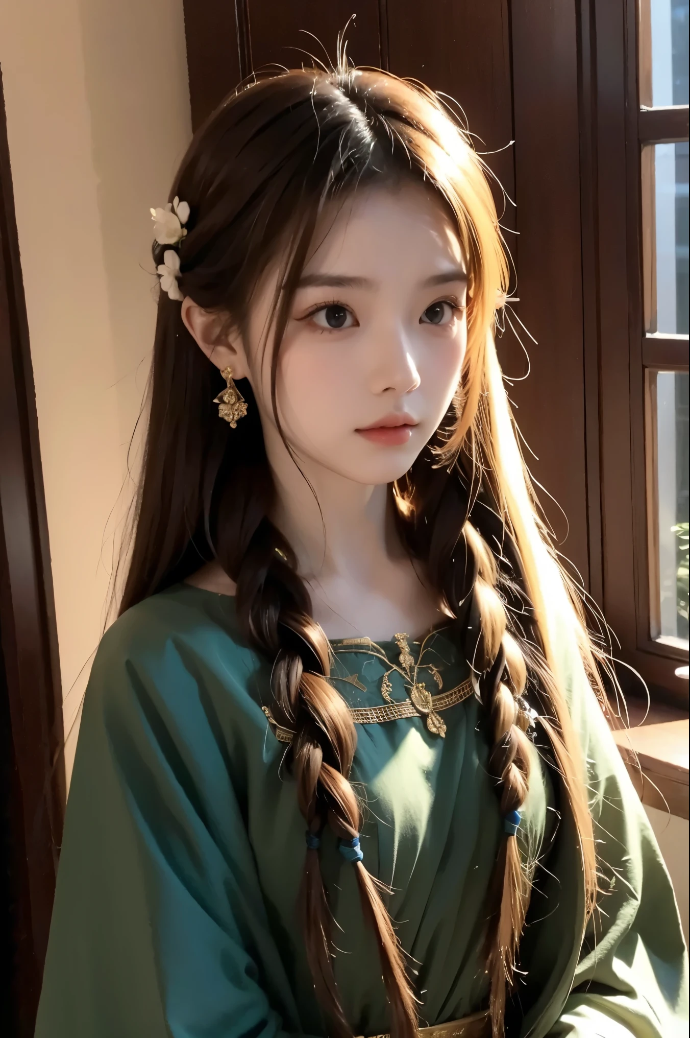 8k, best quality, (lifelike:1.4), original photo, 1 girl, Rapunzel hair, tower window, flowing gown, posture: braiding hair by lantern light, sea-green eyes
