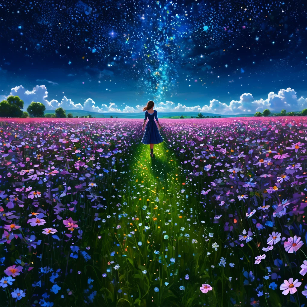 Provocatively dressed, seductive girl Standing in a flower field looking up at the sky, a girl Standing in a flower field, Girl walking in a flower field, I was lost in a dream-like wonderland, Standing in a flower field, Amazing digital painting, The sky gradually cleared, The starry sky is gradually々moving away from