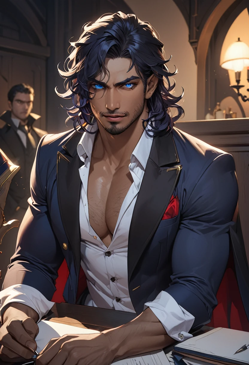 masterpiece, Best quality, A high resolution, fantasy, Guy Vampire, dark skin, blue eyes, shoulder length black curly hair, black sloppy stubble, thief