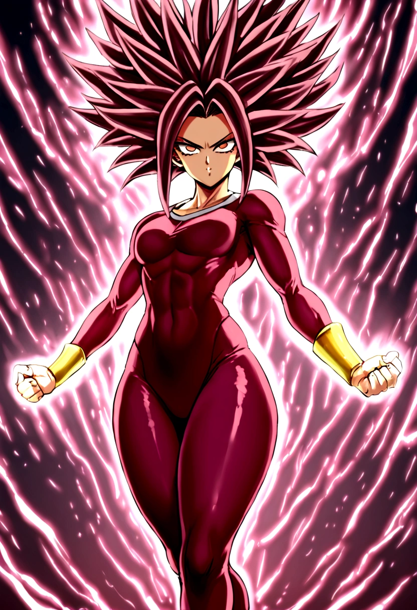 Kefla con pelo negro recogido, con top y leggins rojos, estilo One punch man