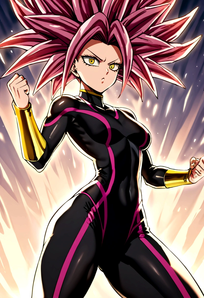 Kefla con pelo negro recogido, con top y leggins rojos, estilo One punch man