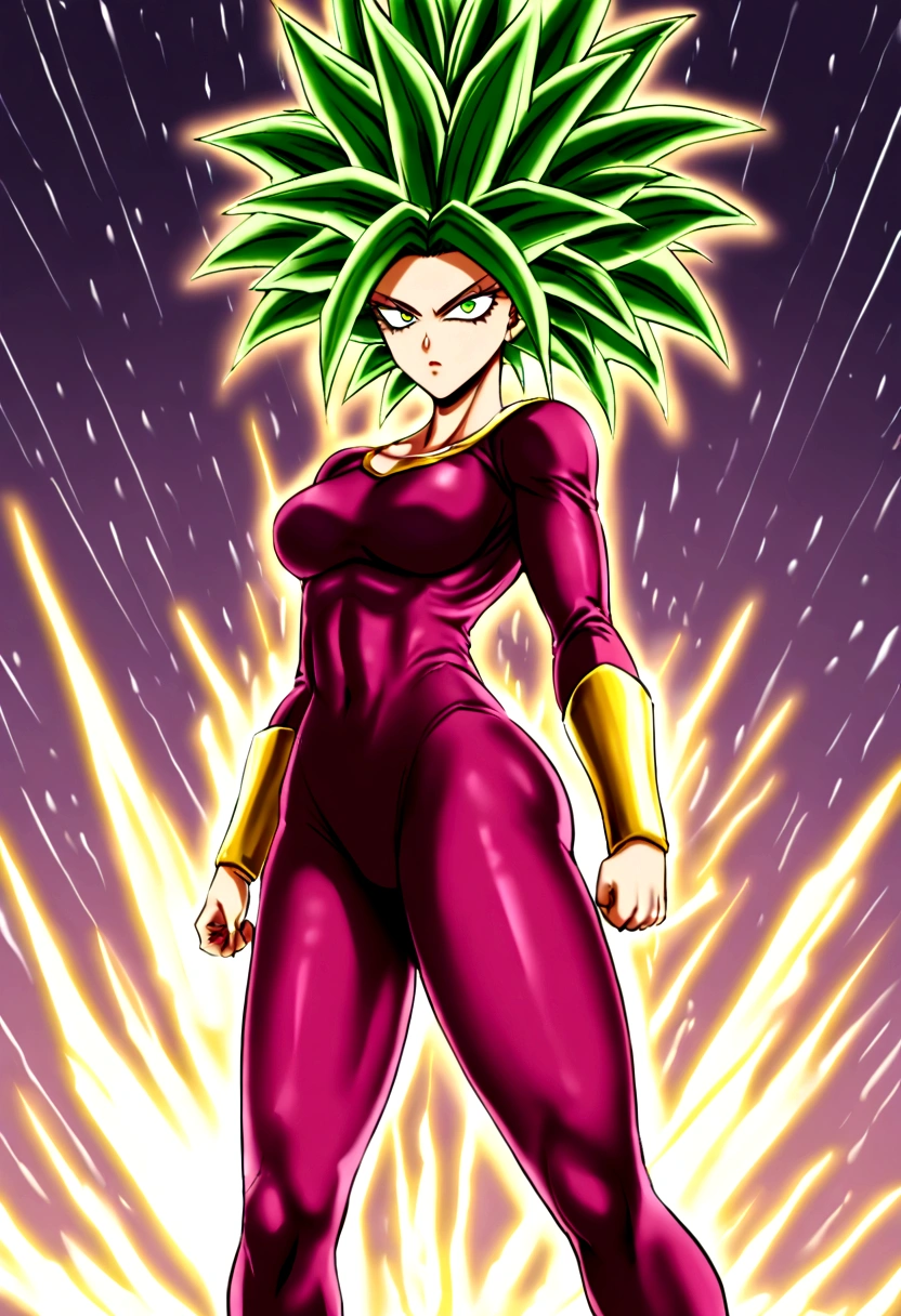Kefla con pelo negro recogido, con top y leggins rojos, estilo One punch man