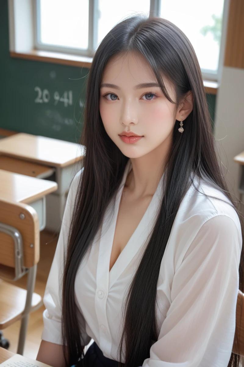 ,score_9,score_8_superior,score_7_superior, 20-year-old, 8k, High resolution, beautiful girl, Black Hair, Very long hair, Straight hair,
One girl, Detailed face, Beautiful woman face, , classroom, View your viewers,