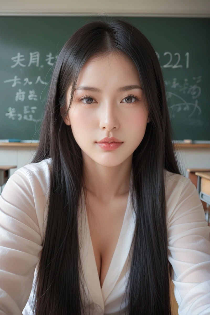 ,score_9,score_8_superior,score_7_superior, 20-year-old, 8k, High resolution, beautiful girl, Black Hair, Very long hair, Straight hair,
One girl, Detailed face, Beautiful woman face, , classroom, View your viewers,