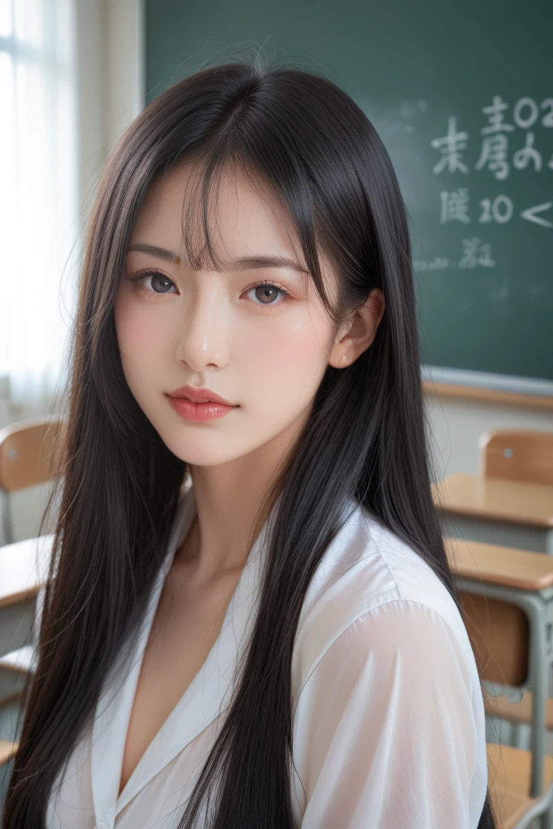 ,score_9,score_8_superior,score_7_superior, 20-year-old, 8k, High resolution, beautiful girl, Black Hair, Very long hair, Straight hair,
One girl, Detailed face, Beautiful woman face, , classroom, View your viewers,