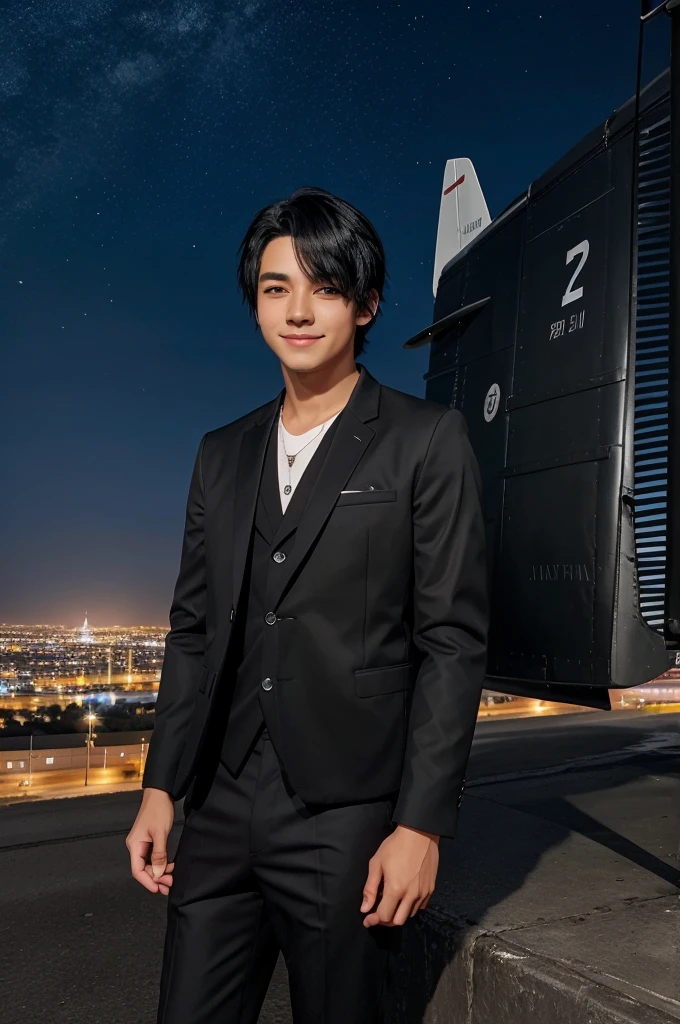 A boy age is 18 years and feature good and expressive eyes styled black hair and a charming smile and a cute and stylish anime in formal jacket and a plane black pant outfit and standing on a hill and background is night