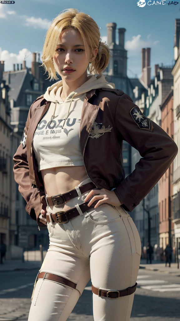 (bestquality,masterpiece), AnnieAOT, solo, hood, hoodie, paradis_military_uniform, jacket, uniform, tight clothes, emblem, feathers, upper body, thigh, hands on hip, emblem, belt, thigh strap, pants, white pants, standing, idle, looking at viewer, yellow hair