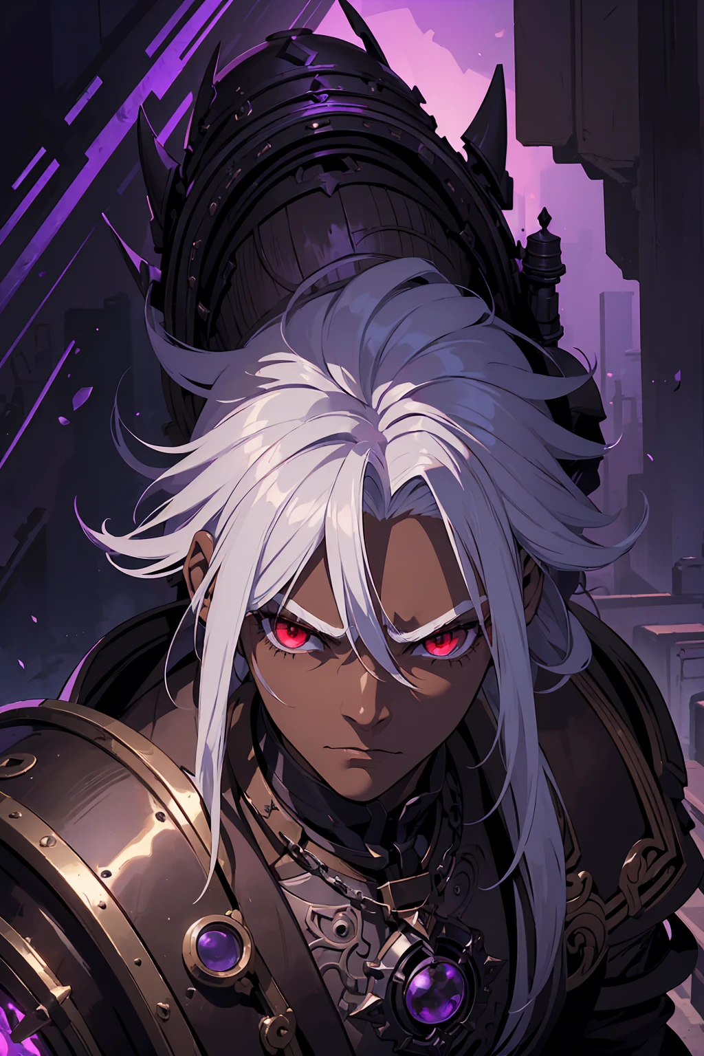 ((best quality)), ((masterpiece)), (detailed), ((boy)), (mix between steampunk and dungeonpunk), drow, upper body, portrait, red eyes, long white hair, Xemnas from Kingdom Hearts, half-drow, dark skinned, (full knight armor), paladin, serious face, dramatic lighting, dungeons and dragons character, purple theme